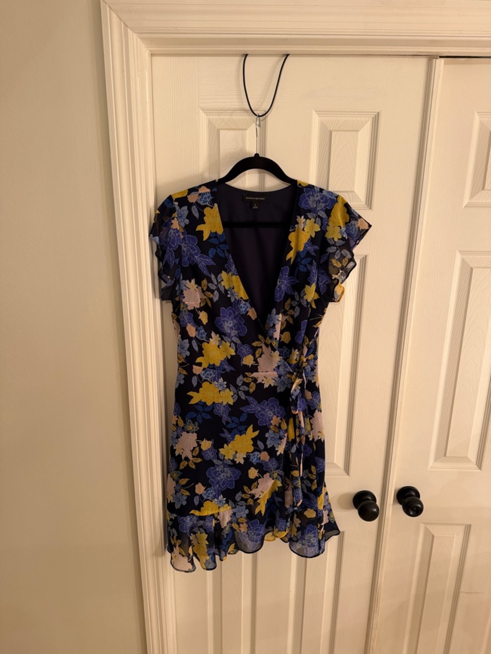 Banana Republic Navy Floral Wrap Mini Dress with Yellow & Blue Blooms